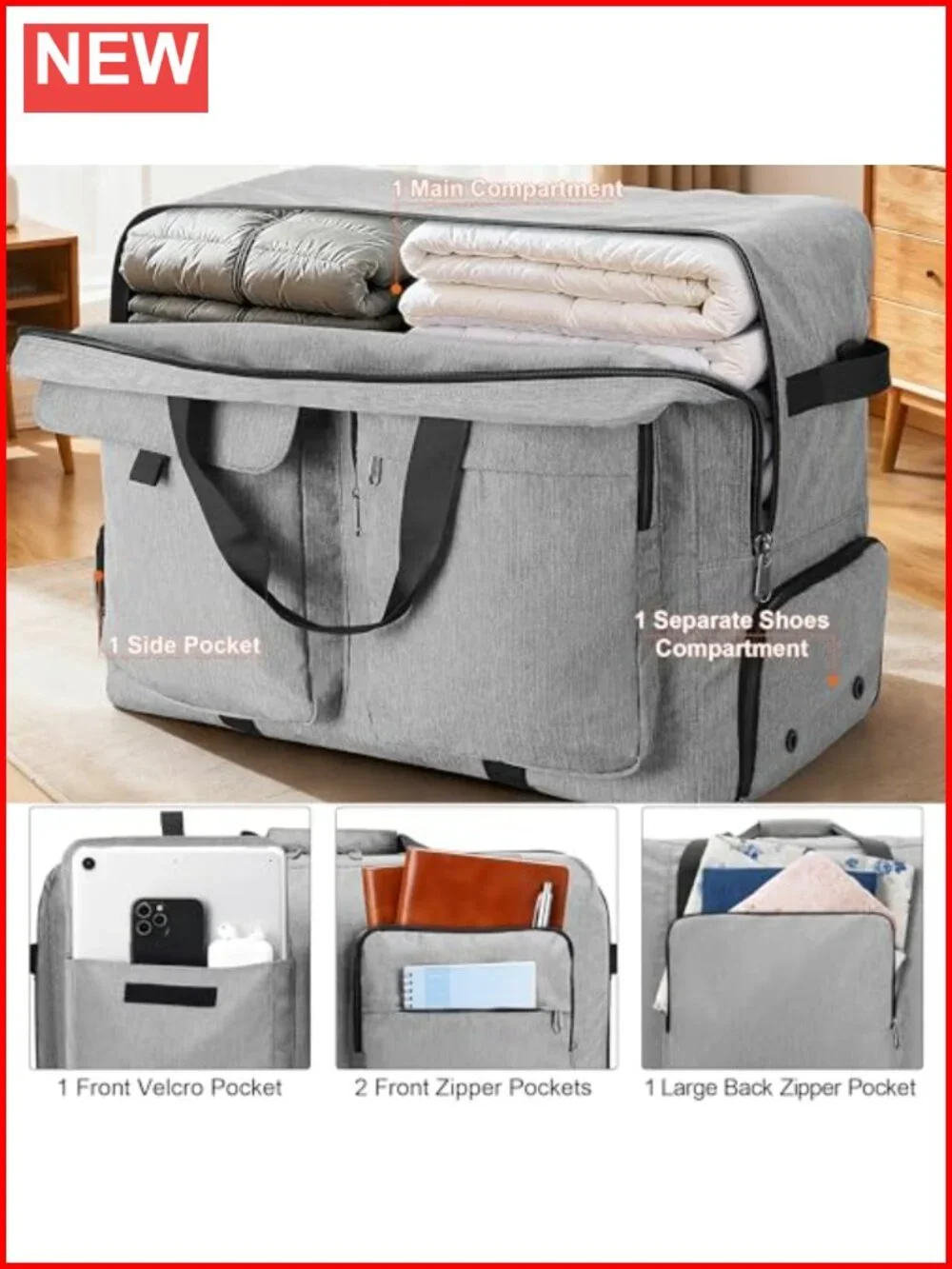 120L Foldable Waterproof Travel Duffle Bag with Shoes Compartment - Large